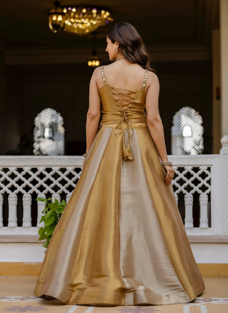 Designer Golden Real Mirror Work Corset Lehenga Choli For Dupatta