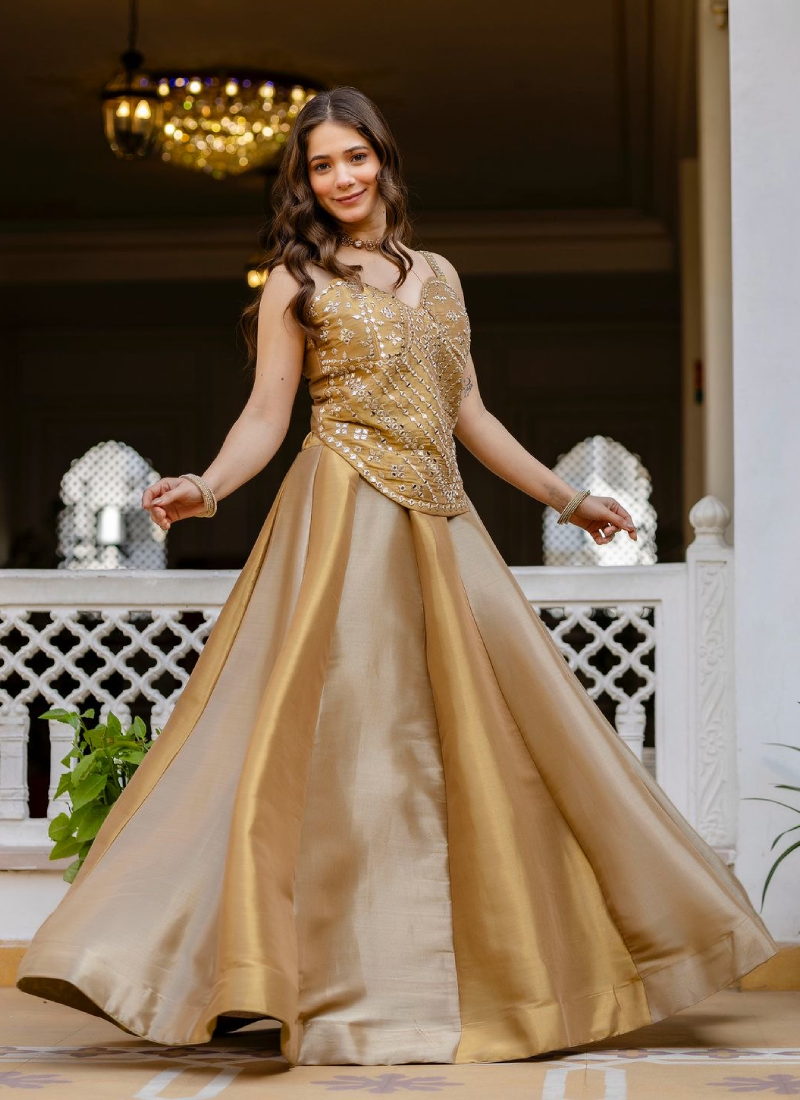Designer Golden Real Mirror Work Corset Lehenga Choli For Dupatta