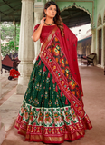 Traditional Wear Foil Print Tussar Silk Green And Red Lehenga Choli