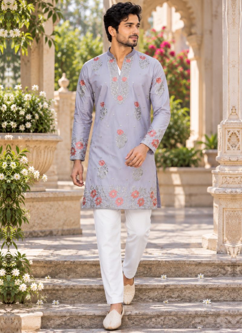 Designer Lavender Coach Silk Zari Embroidered Men's Kurta Set 