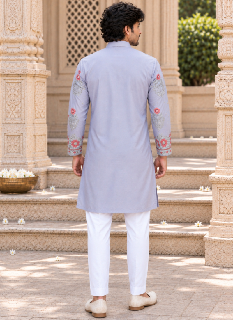 Designer Lavender Coach Silk Zari Embroidered Men's Kurta Set 