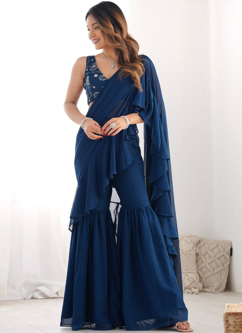 Designer Navy Blue Georgette Sharara Saree With Sequence Work Blouse