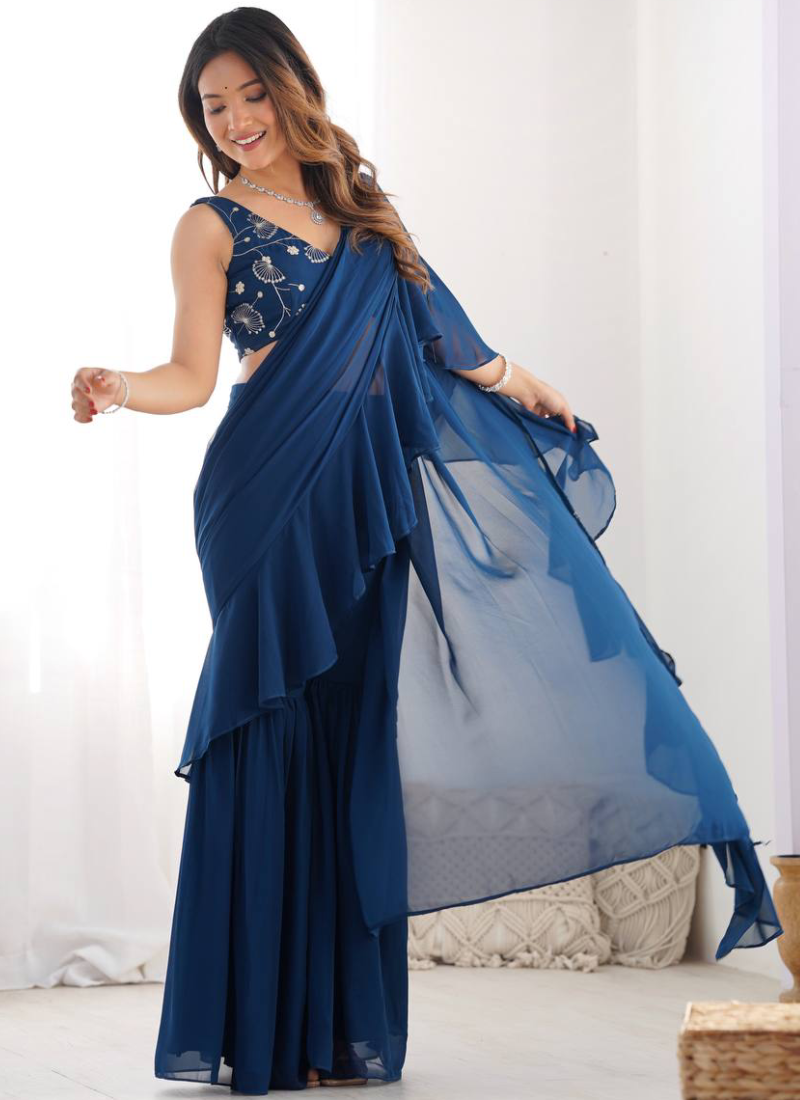 Designer Navy Blue Georgette Sharara Saree With Sequence Work Blouse