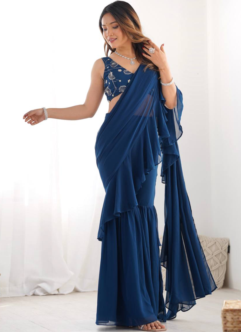 Designer Navy Blue Georgette Sharara Saree With Sequence Work Blouse