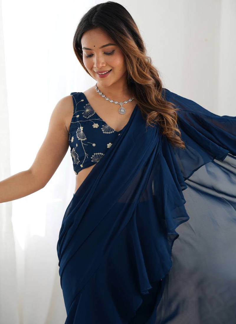 Designer Navy Blue Georgette Sharara Saree With Sequence Work Blouse