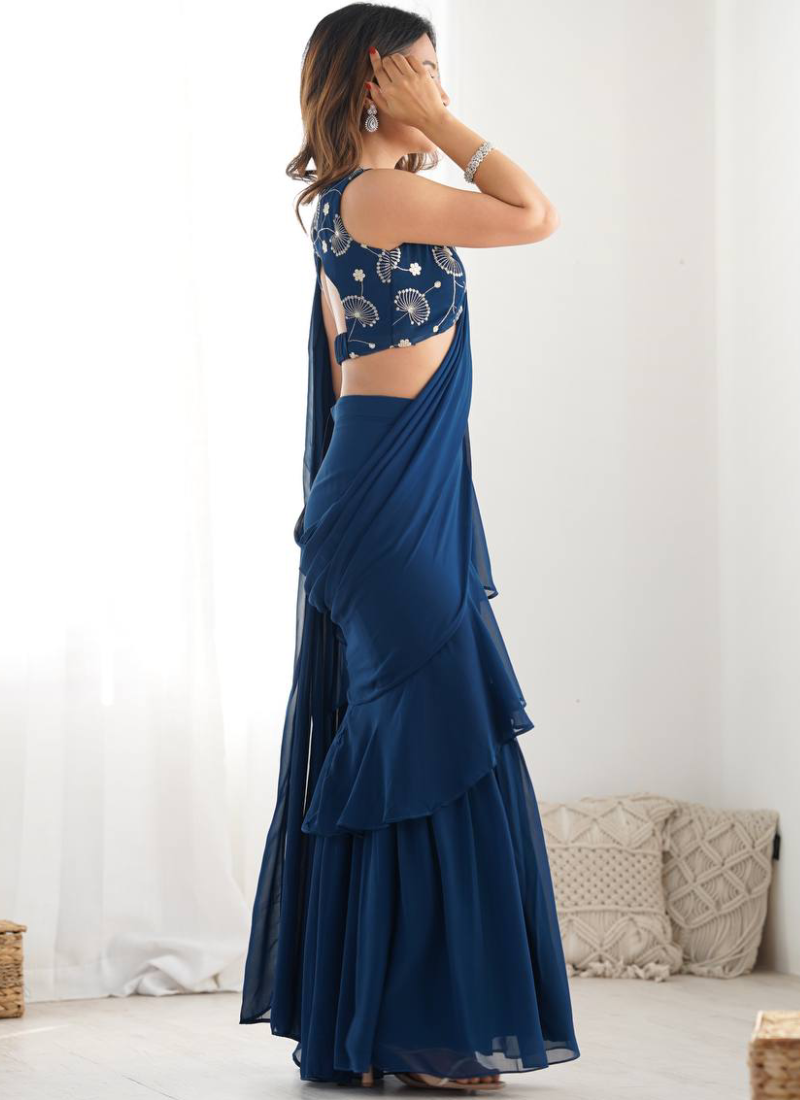 Designer Navy Blue Georgette Sharara Saree With Sequence Work Blouse