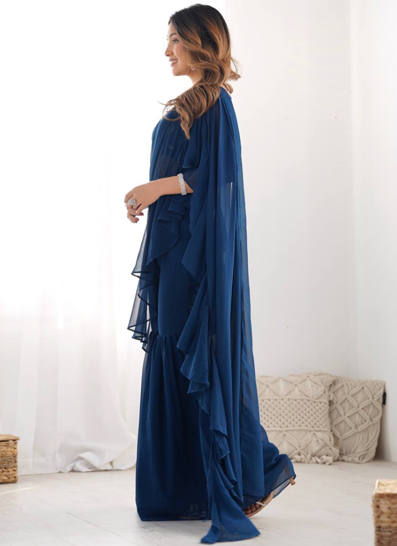 Designer Navy Blue Georgette Sharara Saree With Sequence Work Blouse