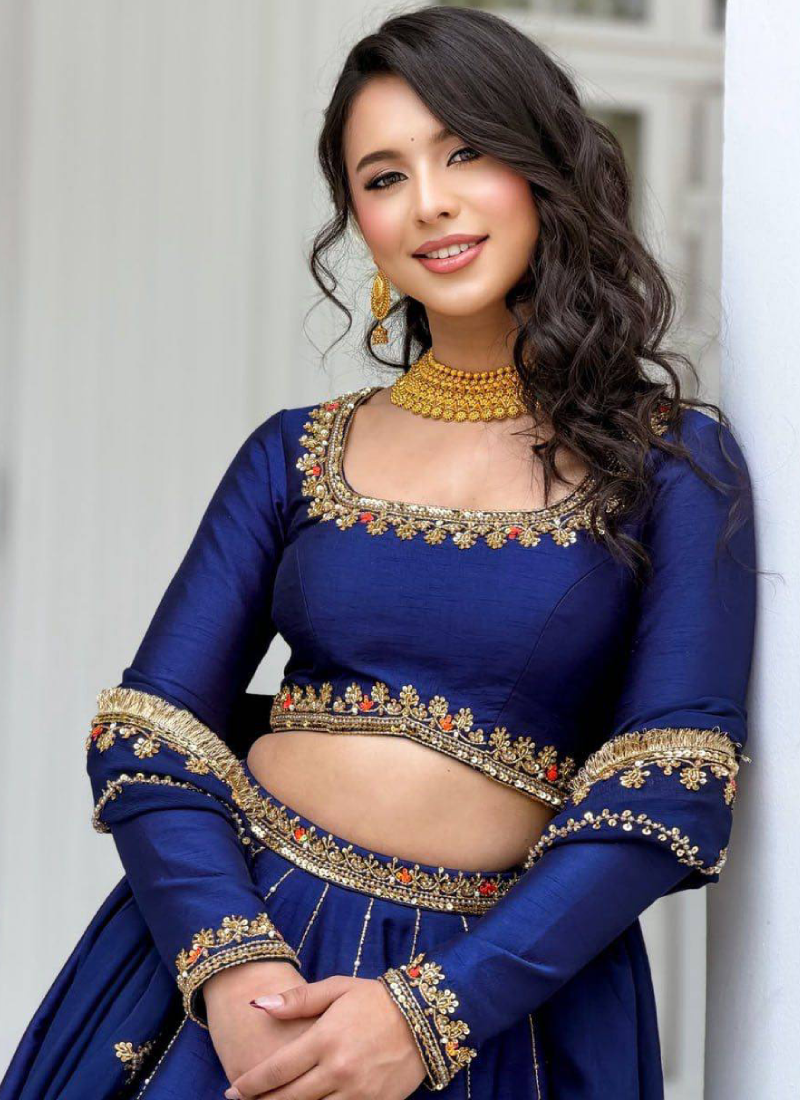 Designer Navy Blue Thread Sequence Chinon Lehenga Choli For Women 
