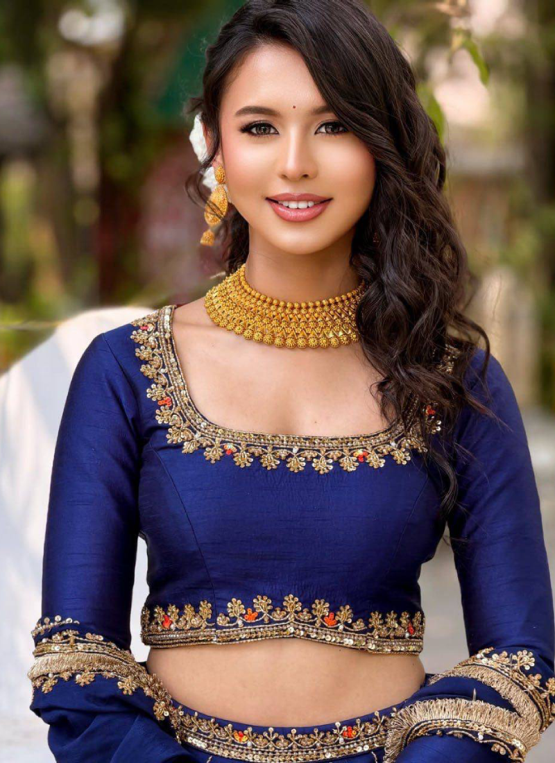 Designer Navy Blue Thread Sequence Chinon Lehenga Choli For Women 