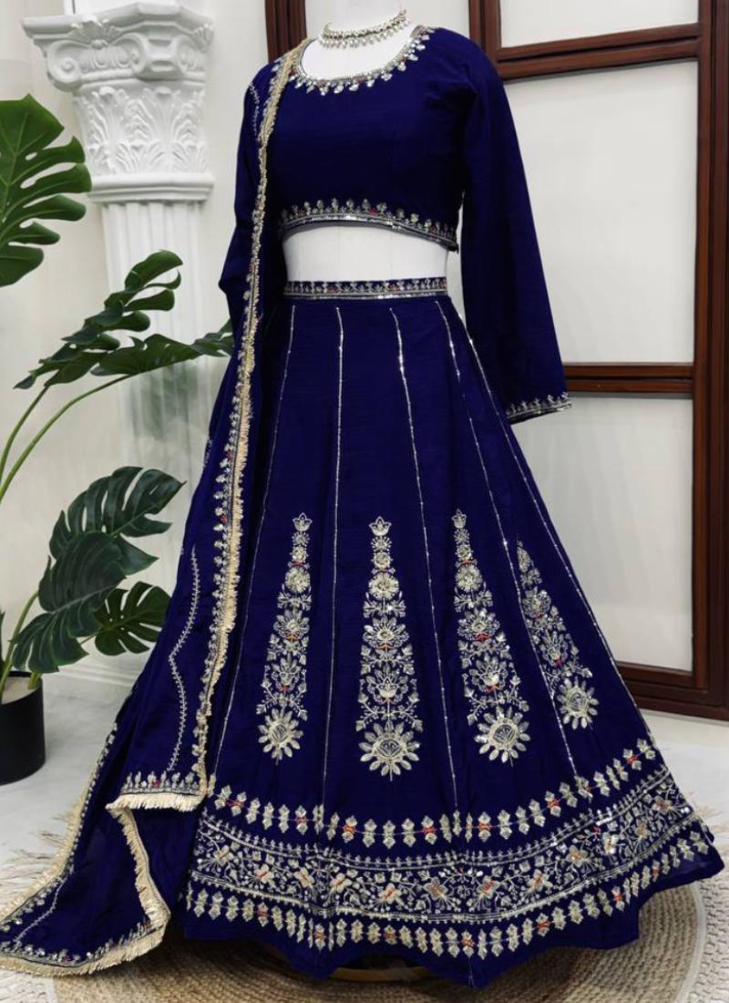 Designer Navy Blue Thread Sequence Chinon Lehenga Choli For Women 