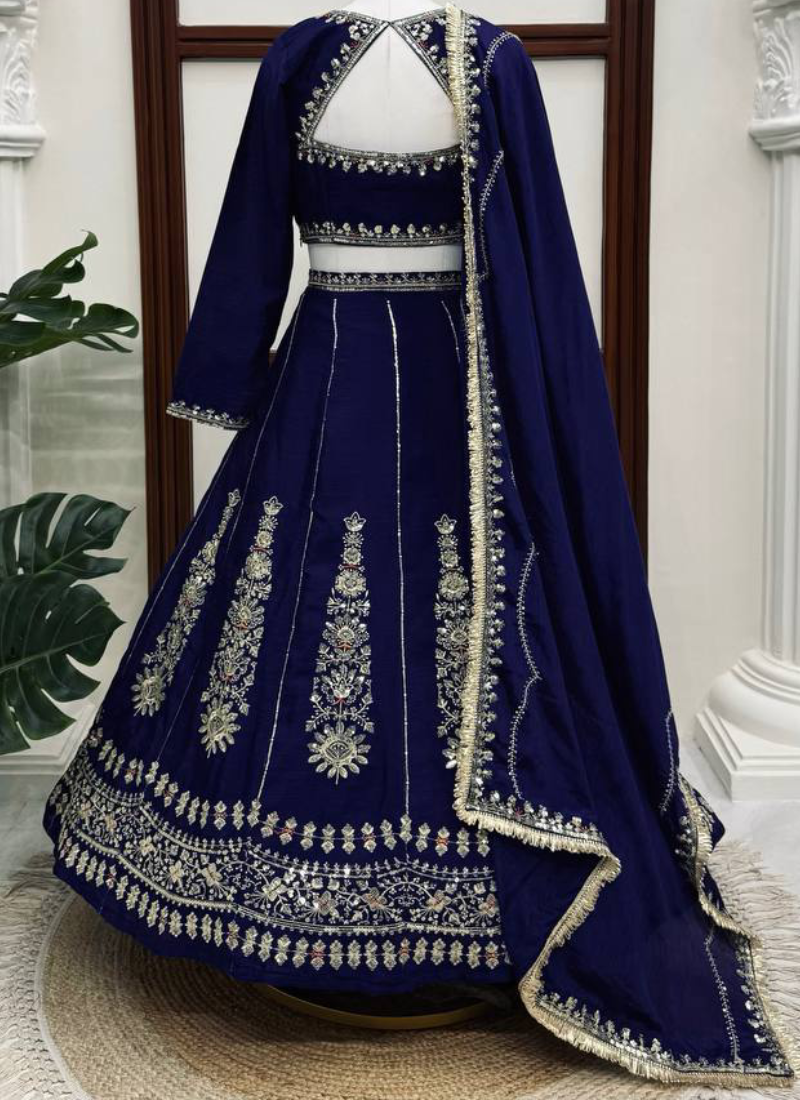 Designer Navy Blue Thread Sequence Chinon Lehenga Choli For Women 