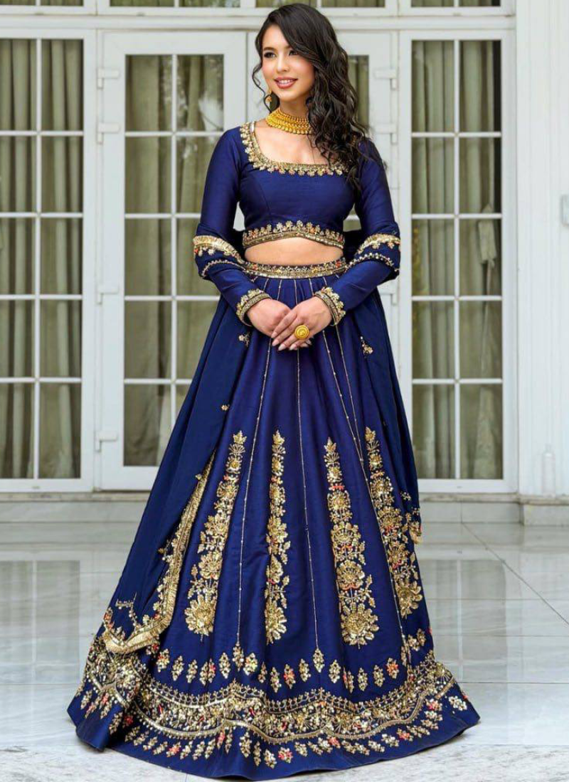 Designer Navy Blue Thread Sequence Chinon Lehenga Choli For Women 