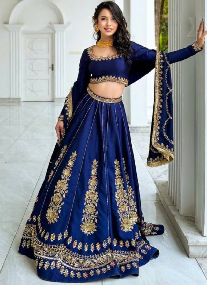 Designer Navy Blue Thread Sequence Chinon Lehenga Choli For Women 