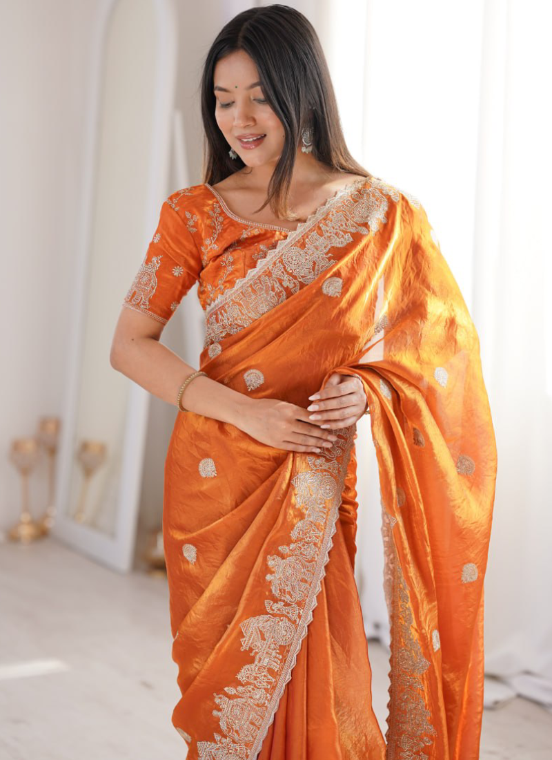 Designer Orange Fendy Crush Silk Zari Embroidered Saree With Blouse