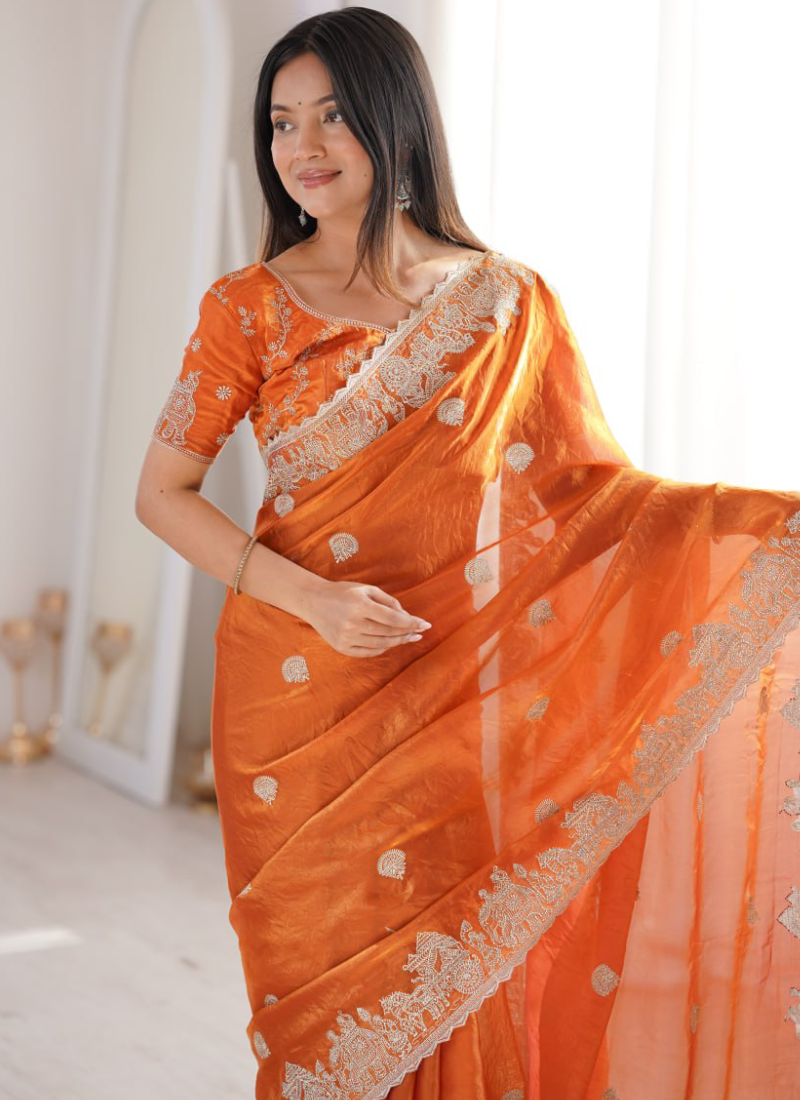 Designer Orange Fendy Crush Silk Zari Embroidered Saree With Blouse