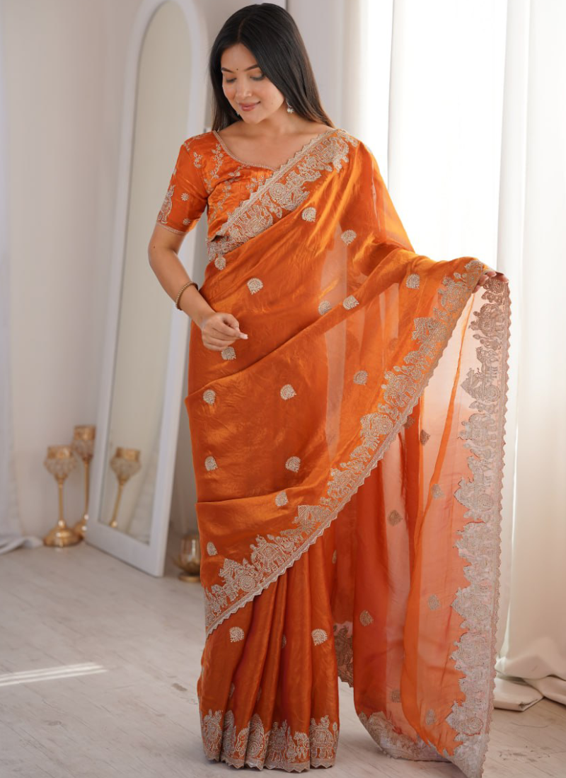 Designer Orange Fendy Crush Silk Zari Embroidered Saree With Blouse