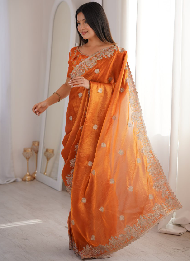 Designer Orange Fendy Crush Silk Zari Embroidered Saree With Blouse