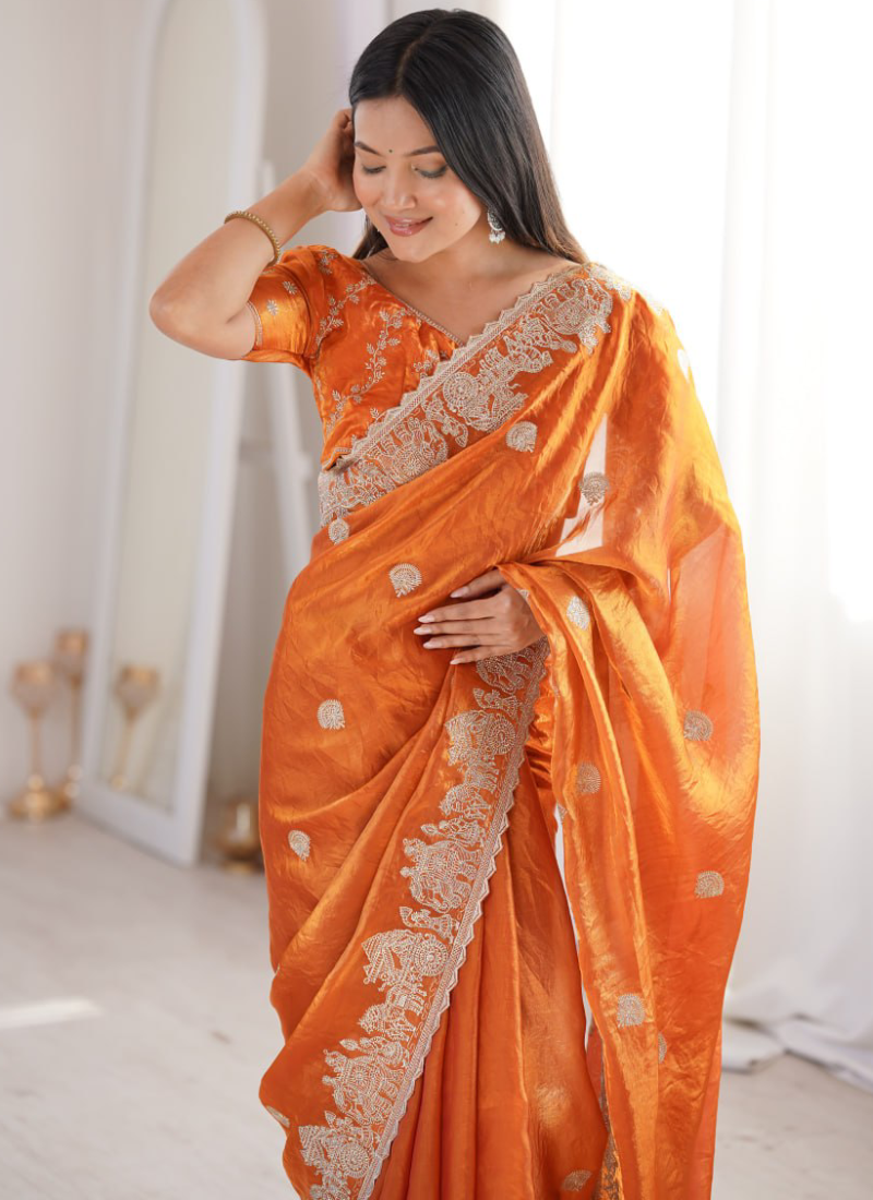 Designer Orange Fendy Crush Silk Zari Embroidered Saree With Blouse