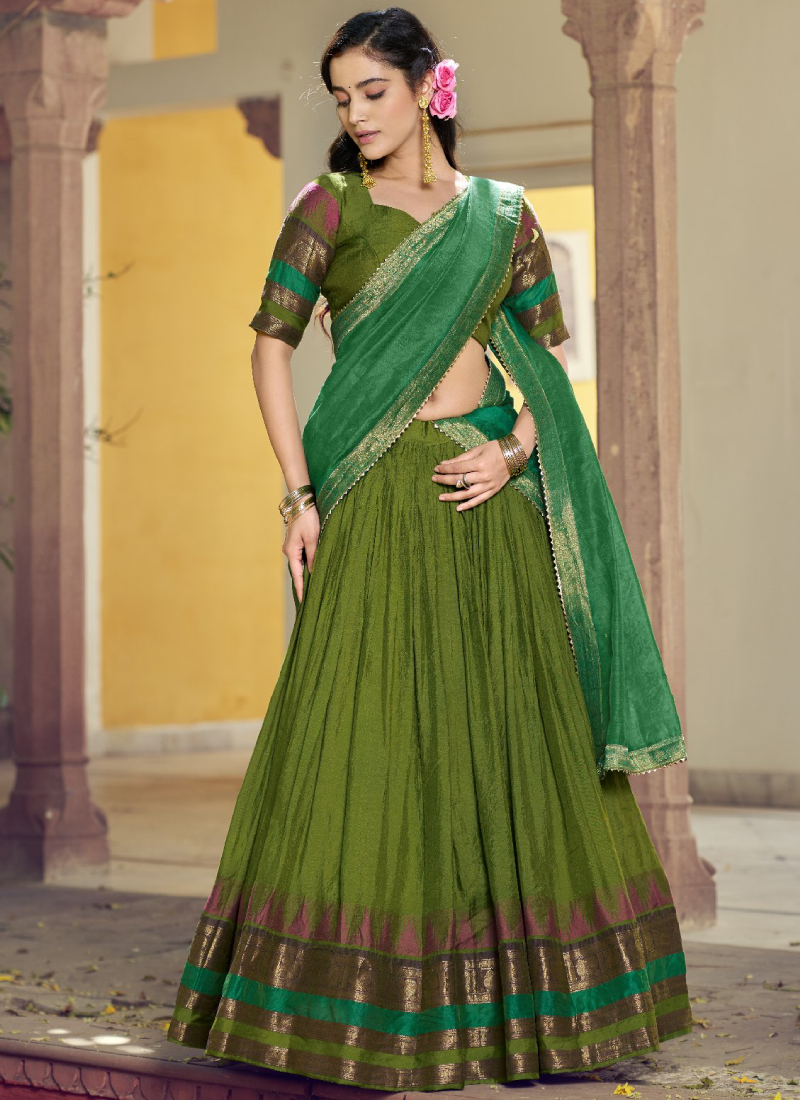 Designer Poly Dyeable Chanderi Green Zari Weaving Half Saree Lehenga