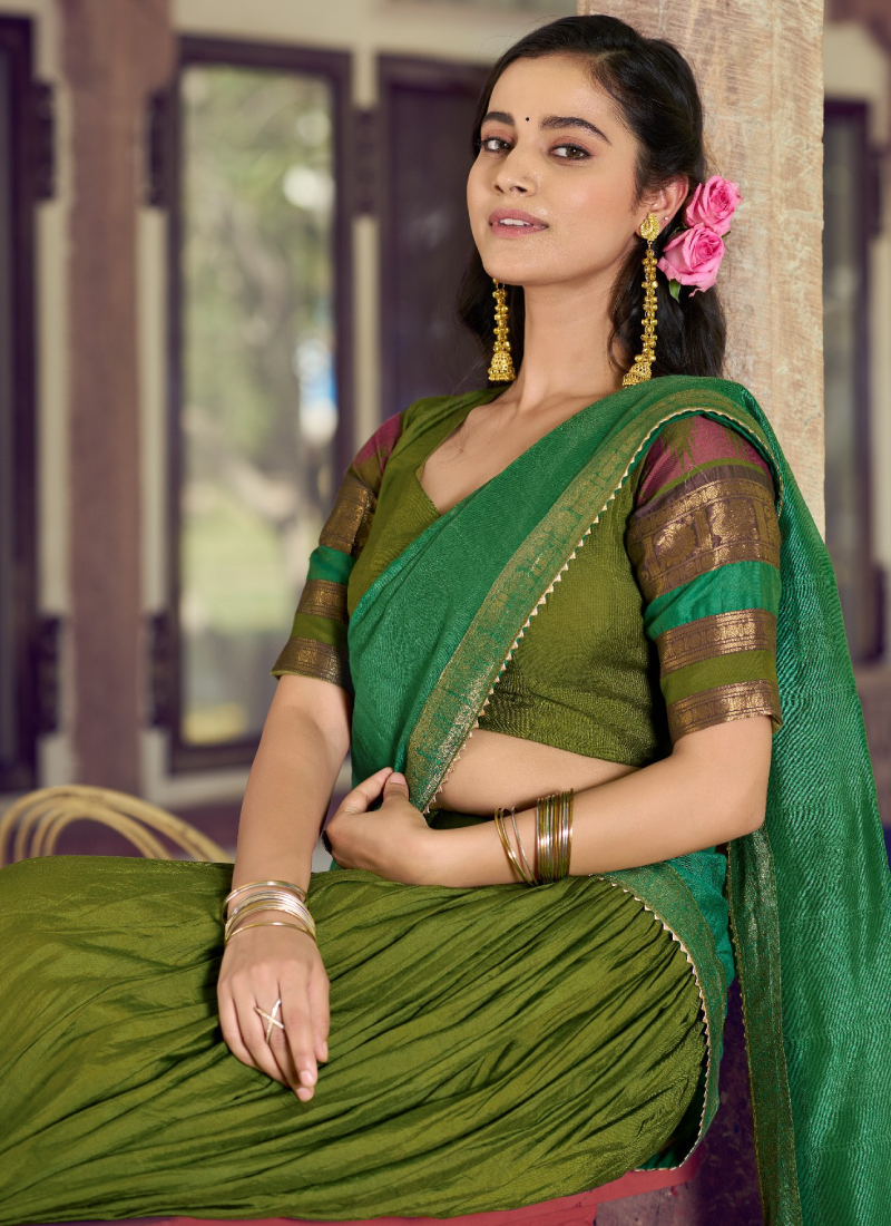 Designer Poly Dyeable Chanderi Green Zari Weaving Half Saree Lehenga