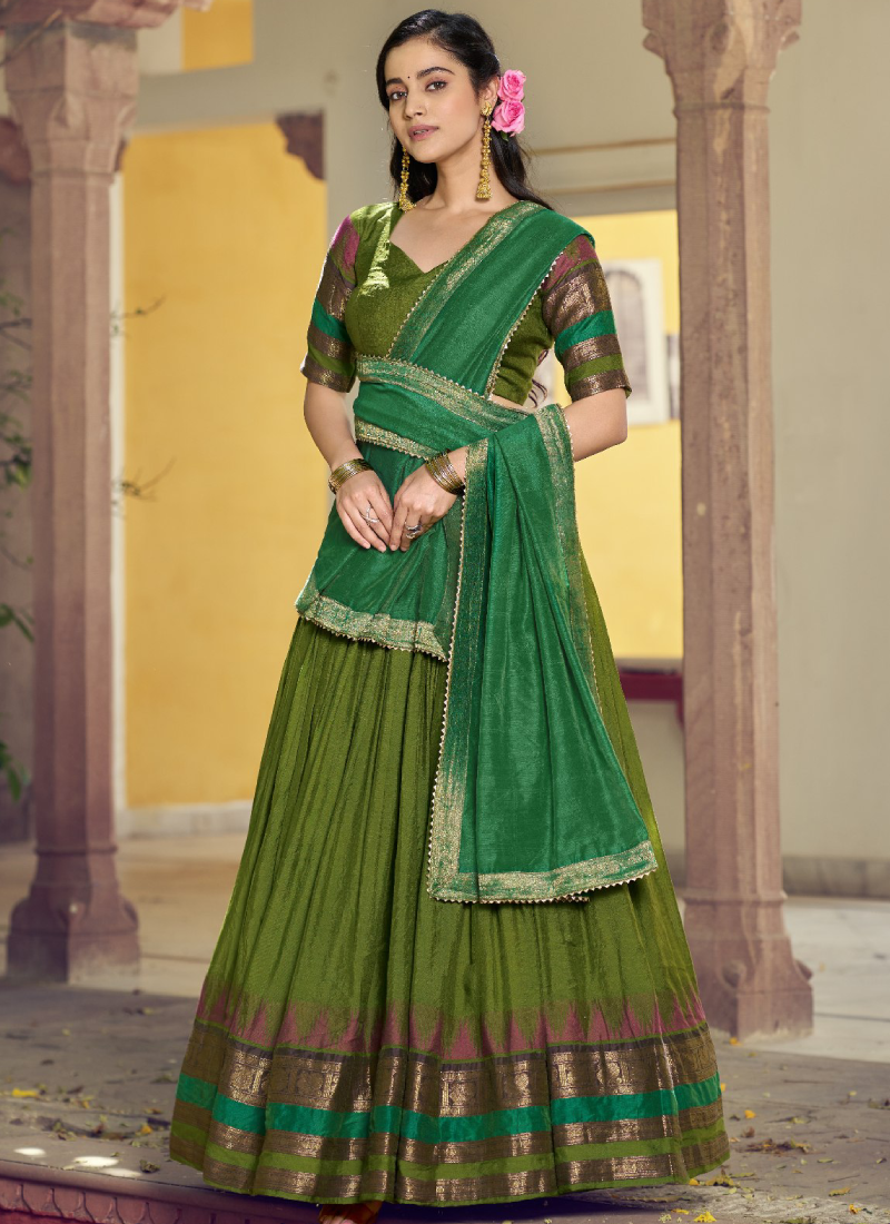 Designer Poly Dyeable Chanderi Green Zari Weaving Half Saree Lehenga