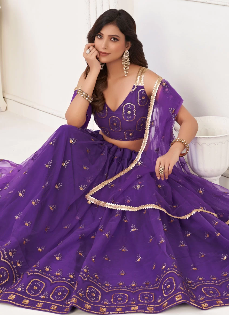 Designer Purple Butterfly Net Sequence Embroidery Work Lehenga Choli