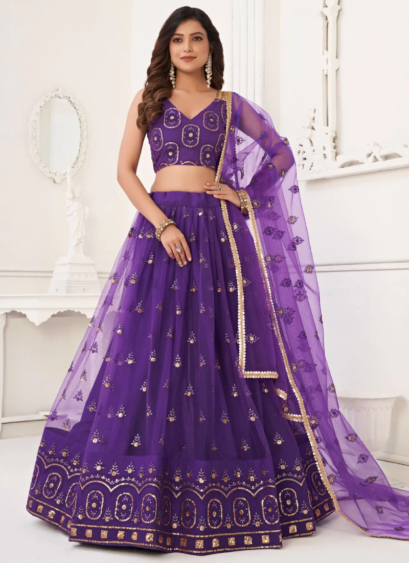 Designer Purple Butterfly Net Sequence Embroidery Work Lehenga Choli