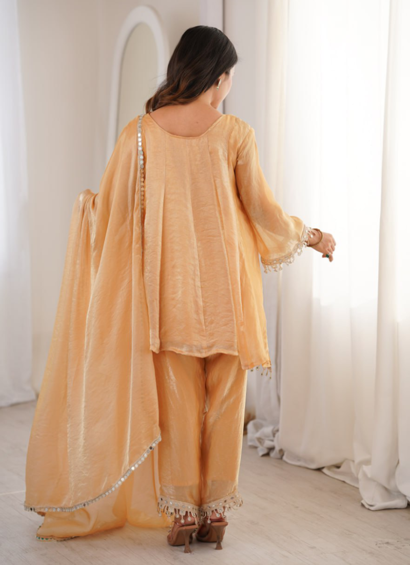 Designer Real Mirror Work Cream Fendi Silk Salwar Kameez For Women