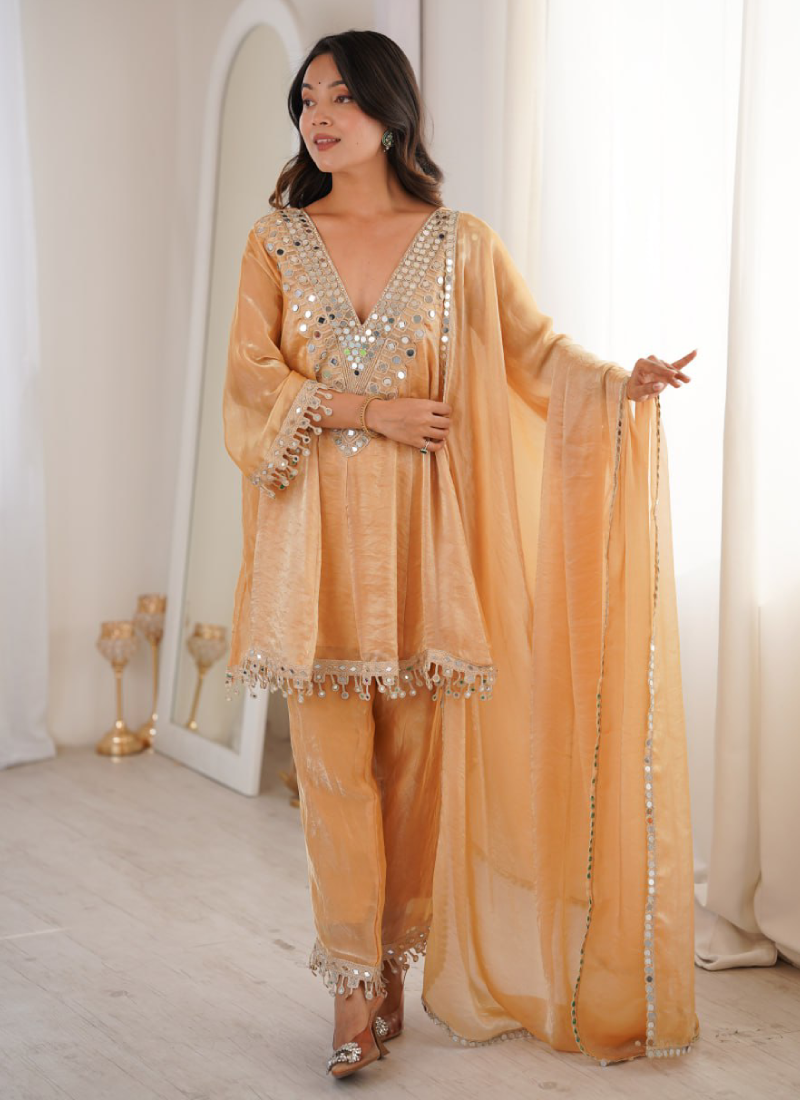 Designer Real Mirror Work Cream Fendi Silk Salwar Kameez For Women