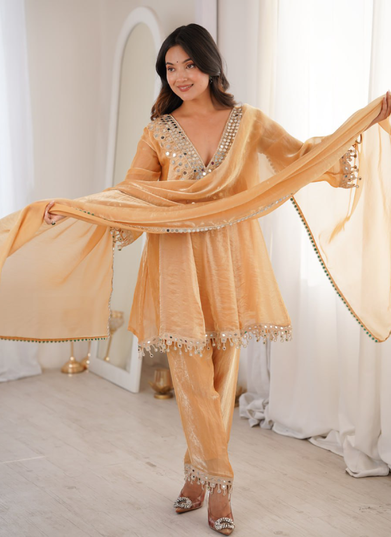 Designer Real Mirror Work Cream Fendi Silk Salwar Kameez For Women
