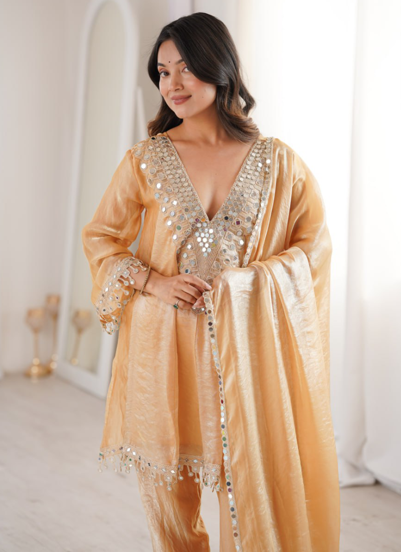 Designer Real Mirror Work Cream Fendi Silk Salwar Kameez For Women