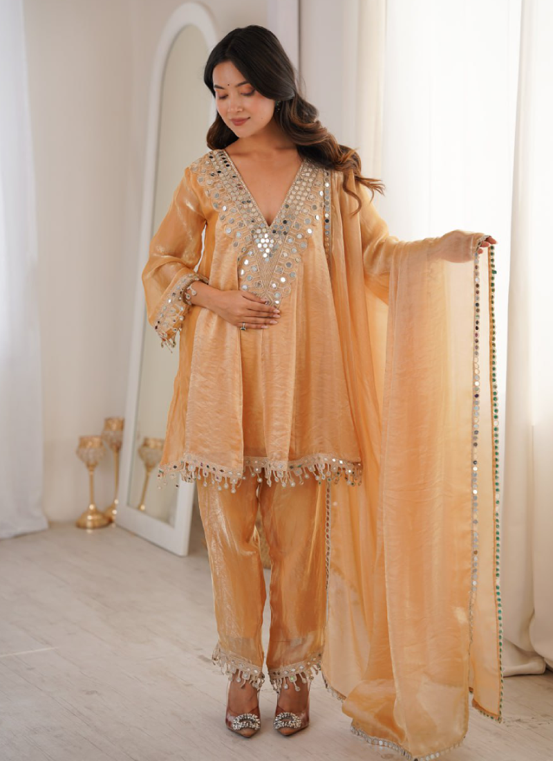 Designer Real Mirror Work Cream Fendi Silk Salwar Kameez For Women