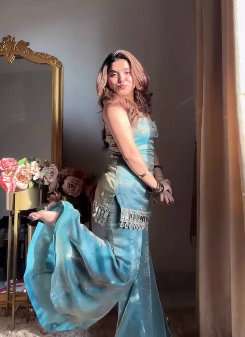 Designer Real Mirror Work Fendy Silk Sky Blue Party Wear Palazzo Suit