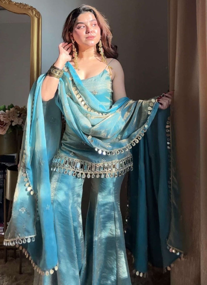 Designer Real Mirror Work Fendy Silk Sky Blue Party Wear Palazzo Suit