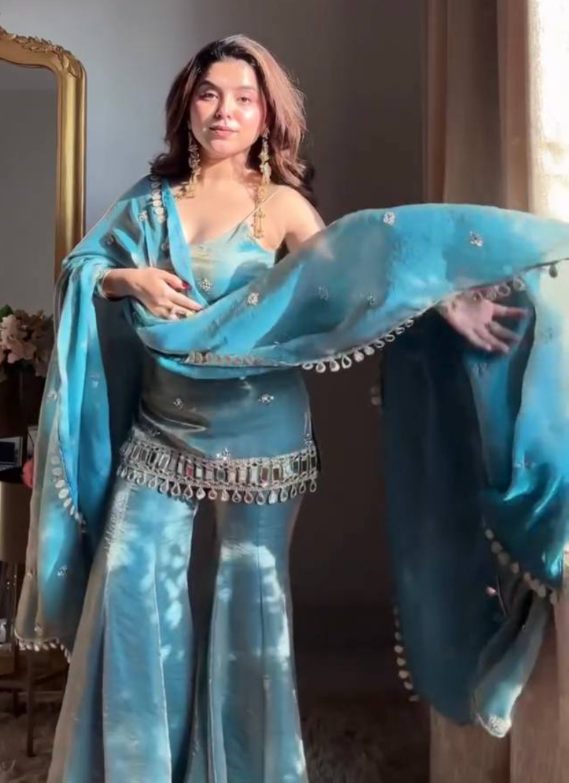 Designer Real Mirror Work Fendy Silk Sky Blue Party Wear Palazzo Suit