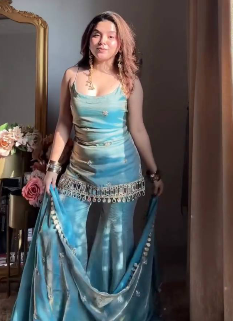 Designer Real Mirror Work Fendy Silk Sky Blue Party Wear Palazzo Suit