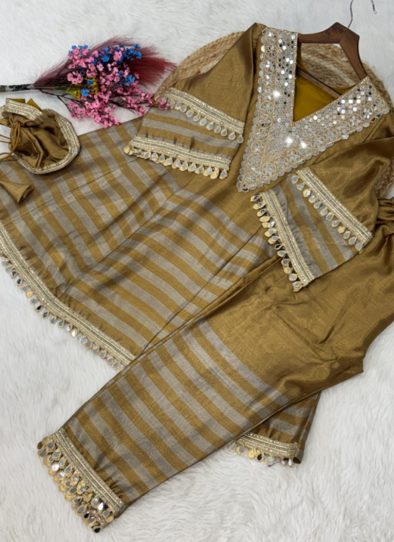 Designer Real Mirror Work Two Shaded Kurta Set With Batwa Potli