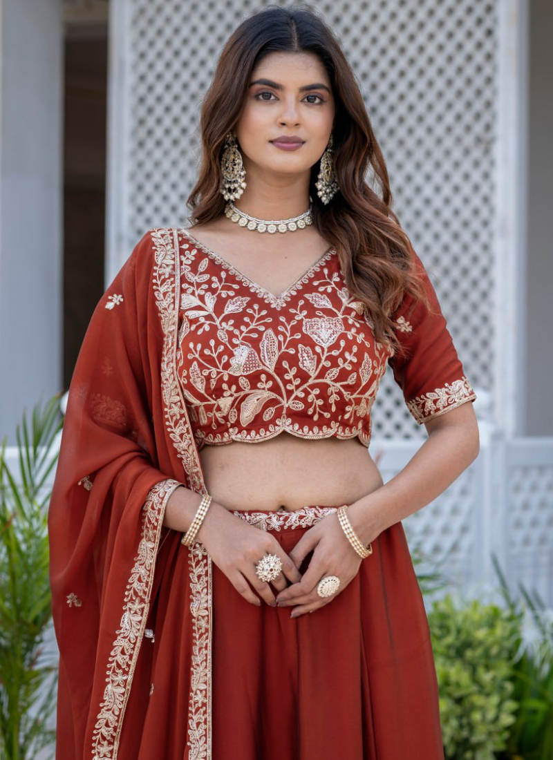 Designer Rust Red Zari Embroidered Rangoli Silk Lehenga Choli Set