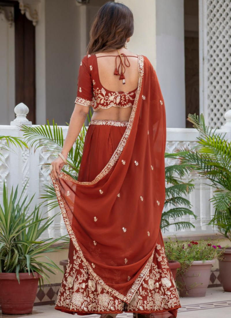 Designer Rust Red Zari Embroidered Rangoli Silk Lehenga Choli Set