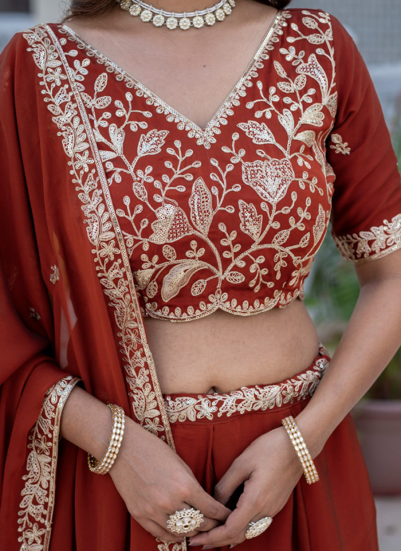 Designer Rust Red Zari Embroidered Rangoli Silk Lehenga Choli Set