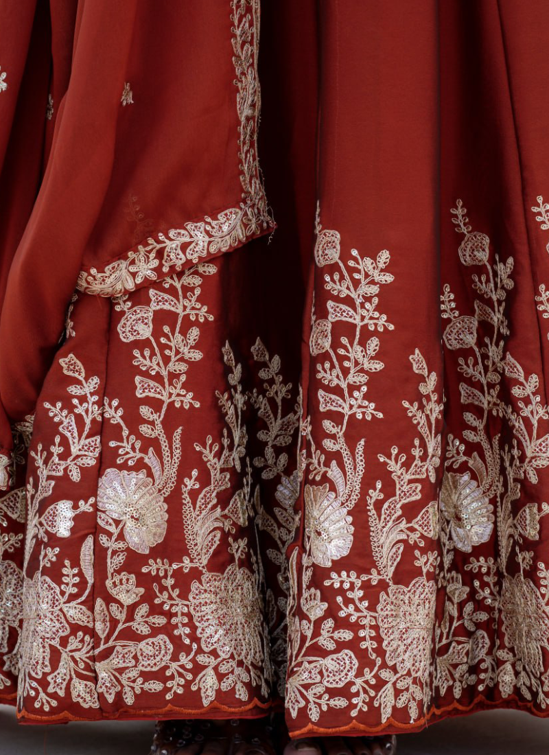 Designer Rust Red Zari Embroidered Rangoli Silk Lehenga Choli Set