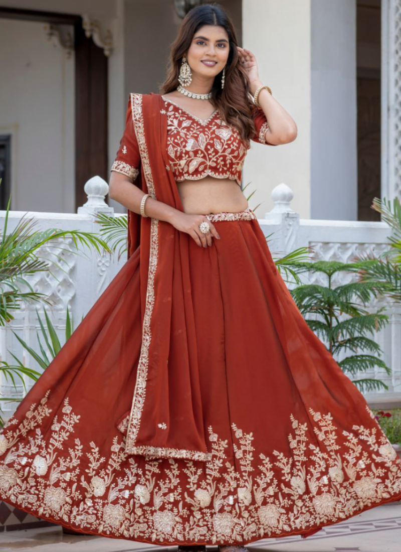 Designer Rust Red Zari Embroidered Rangoli Silk Lehenga Choli Set