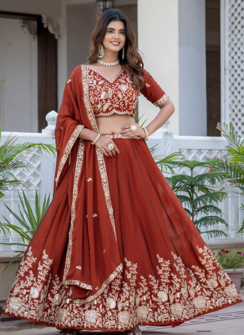 Designer Rust Red Zari Embroidered Rangoli Silk Lehenga Choli Set