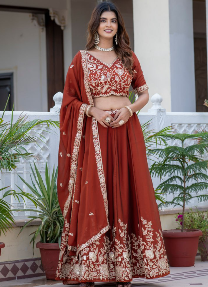 Designer Rust Red Zari Embroidered Rangoli Silk Lehenga Choli Set