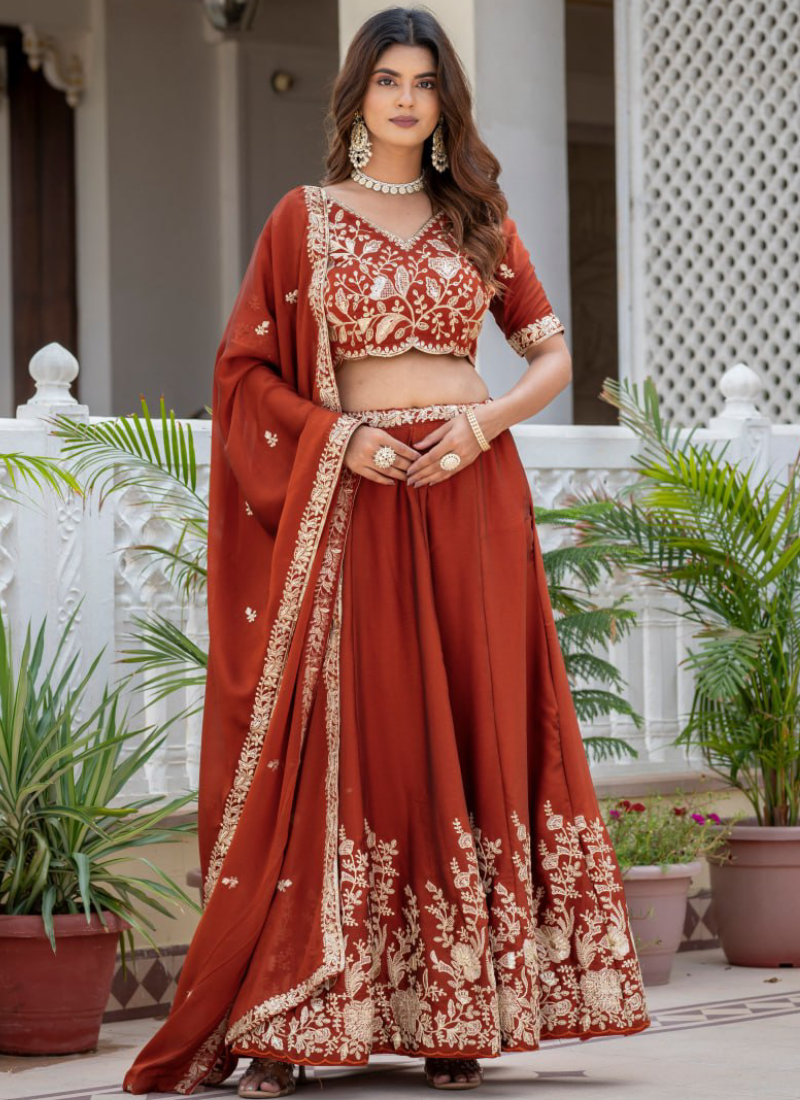 Designer Rust Red Zari Embroidered Rangoli Silk Lehenga Choli Set