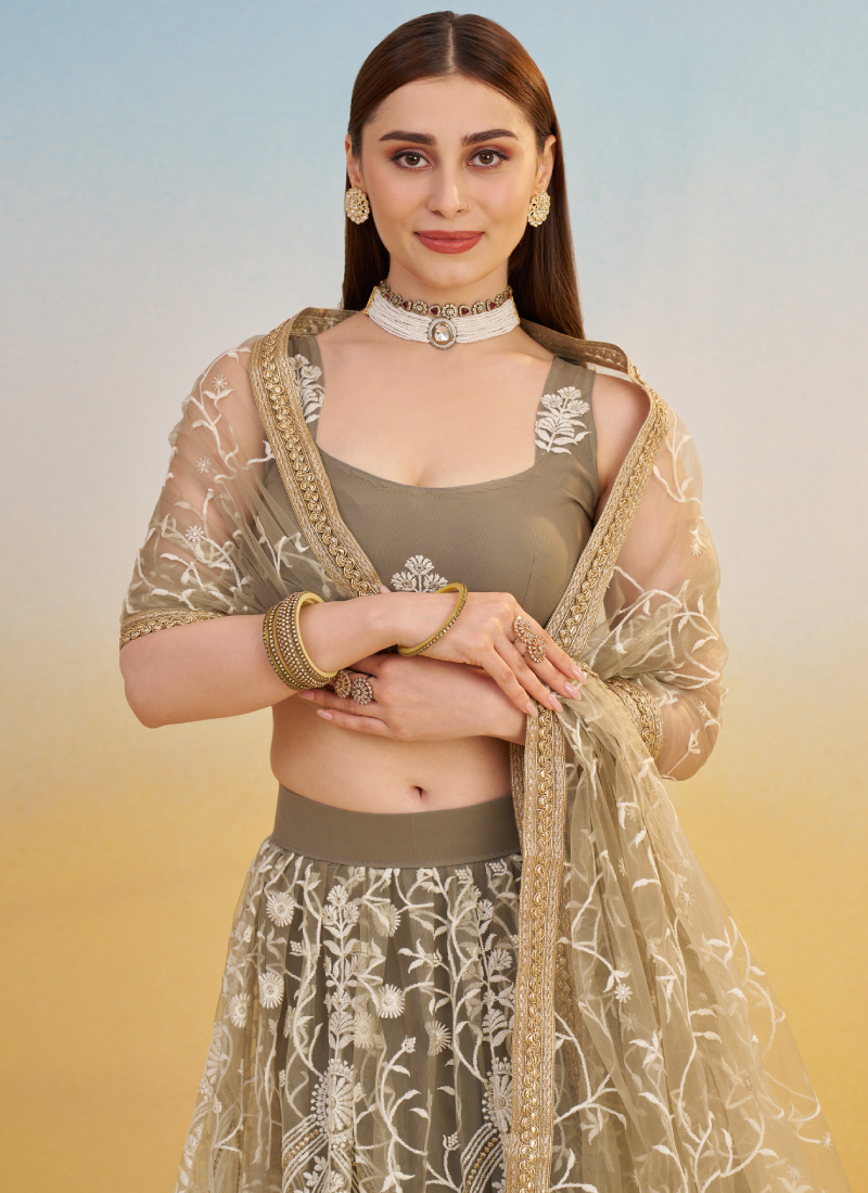 Designer Sequence Embroidered Brown Net Lehenga Choli For Party