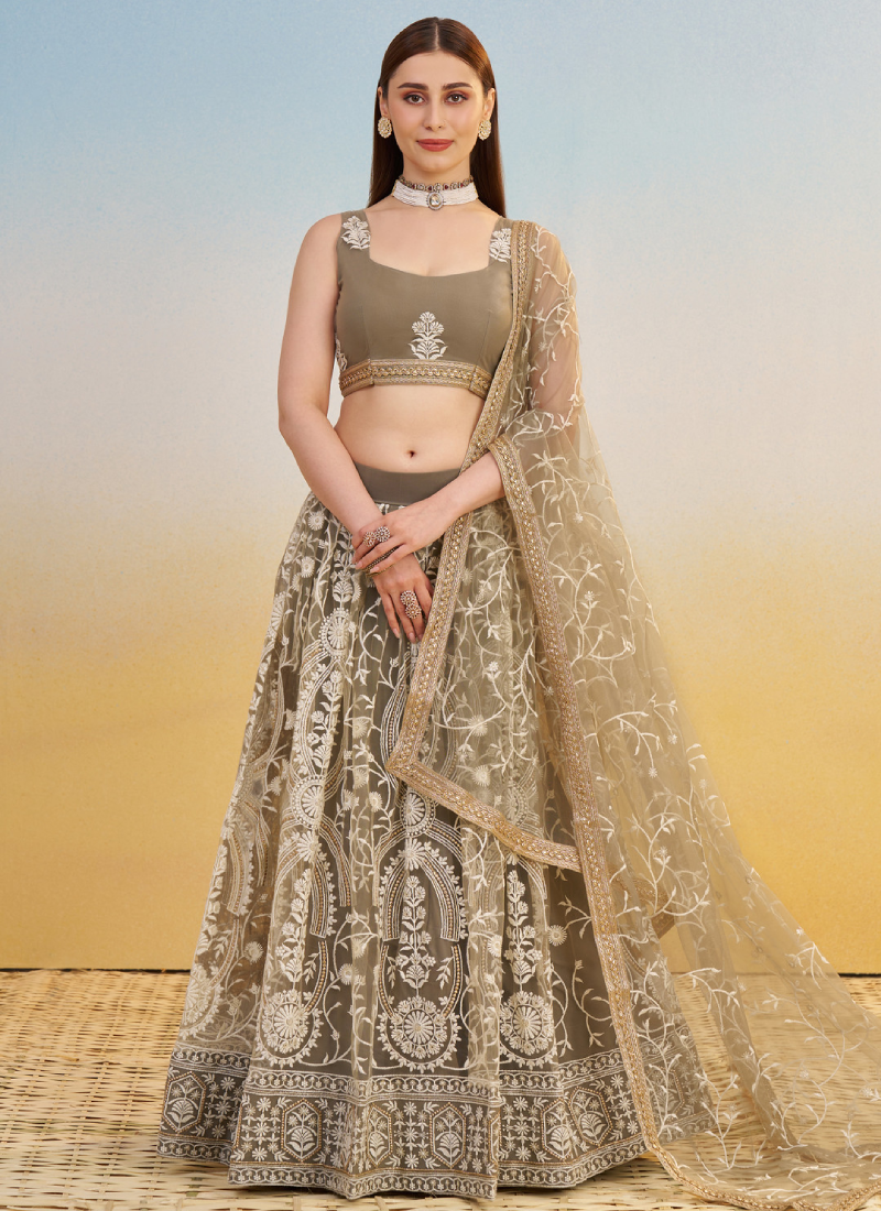 Designer Sequence Embroidered Brown Net Lehenga Choli For Party