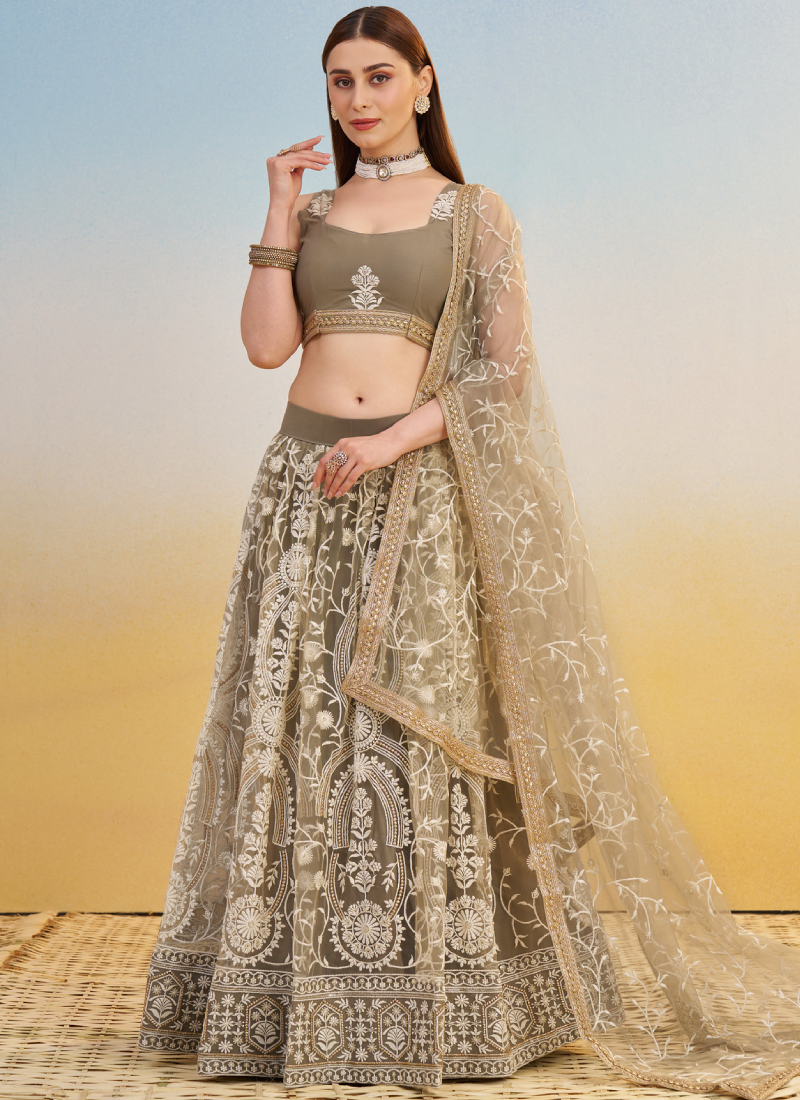 Designer Sequence Embroidered Brown Net Lehenga Choli For Party