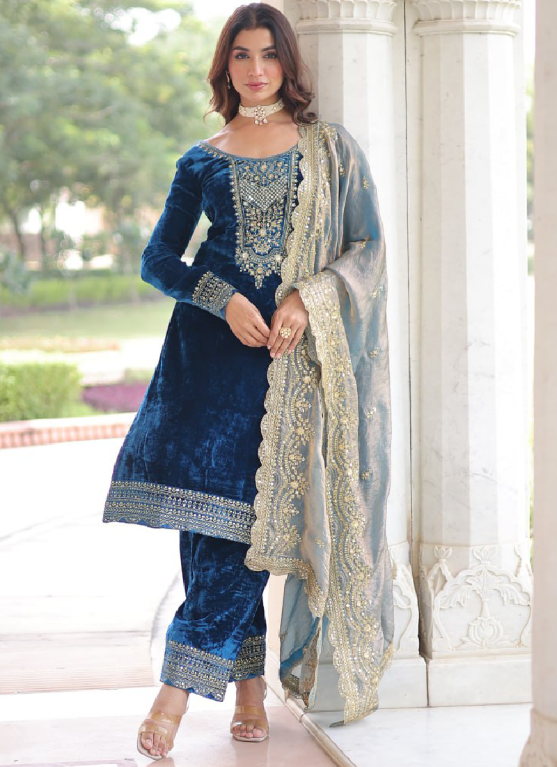 Designer Sequence Embroidered Velvet Blue Pant Kurti With Dupatta Set