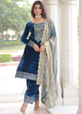 Designer Sequence Embroidered Velvet Blue Pant Kurti With Dupatta Set